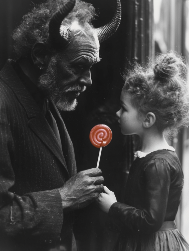 Evil old man giving child lollipop photo