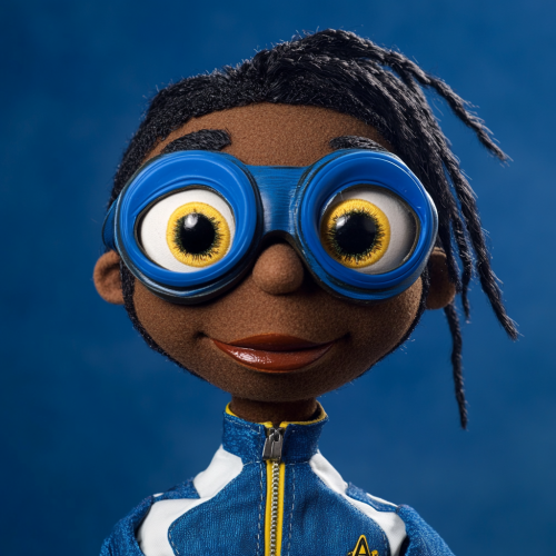 Exaggerated facial features on blue superhero puppet with big eyes.