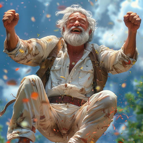 Excited 50-year-old man jumping joyfully outdoor