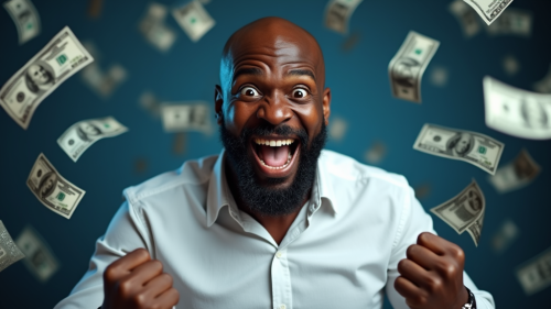 Excited African Man Celebrating Victory Among Dollars