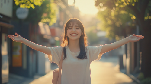 Excited Japanese student in Nagasaki, smiling on street.