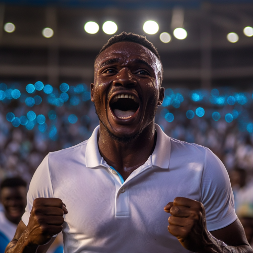 Excited Tanzanian Man Celebrates Victory at Packed Stadium