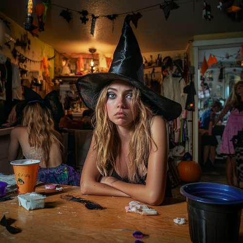 Exhausted Witch Resting in Festive Halloween Celebration