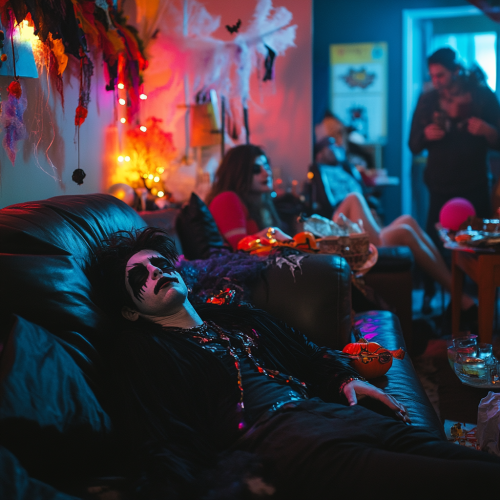 Exhausted man in vampire costume at Halloween party