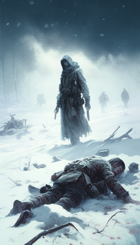 Exhausted soldiers in snow-covered battlefield with frozen weapons. Exhausted soldiers in snow-covered battlefield with frozen weapons.