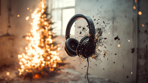 Exploding headphones near burning tree in stylish room