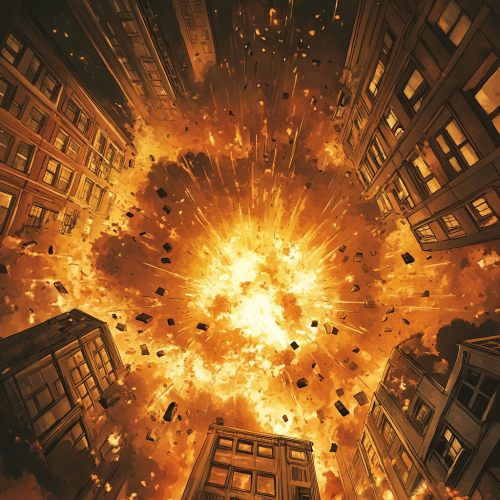 Explosion under burning building, cityscape view from below