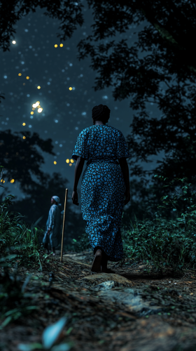 Ezinne, midwife, Nigerian, 54, fat, braids, uniform, forest.