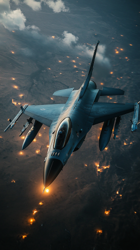 F-16 fighter jet flies over Iraq desert at night.