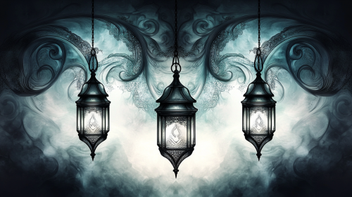 Fading lantern symbols over soft ink ripples