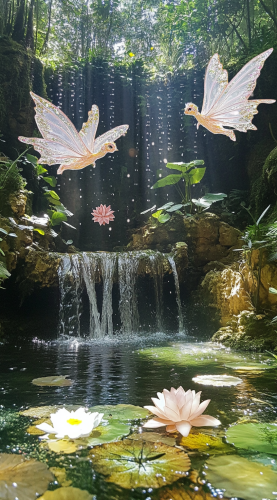 Fairies fly over waterfall in magical forest
