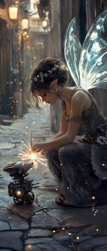 Fairy inscribes glowing runes onto construct dog. Ethereal dark fantasy setting with watercolor art style. Fairy inscribes glowing runes onto construct dog. Ethereal dark fantasy setting with watercolor art style.