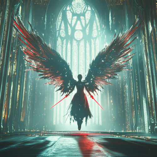 Fallen angel with wings hovering in futuristic cathedral setting.