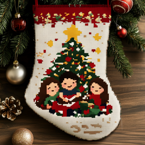Family Christmas Guitar Stocking Illustration Under Tree