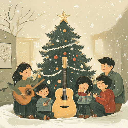 Family Christmas with children, parents, and guitar