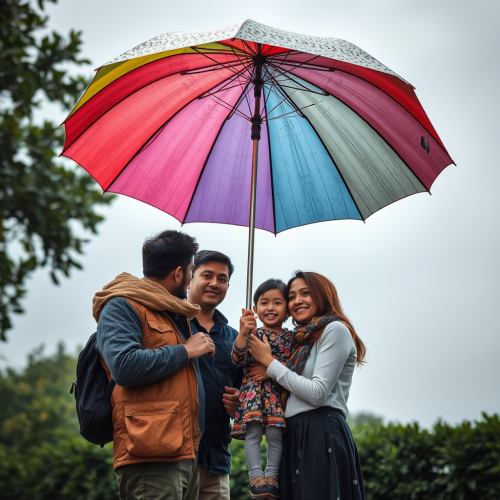 Family Under Umbrella Taking Family Portrait In Rain