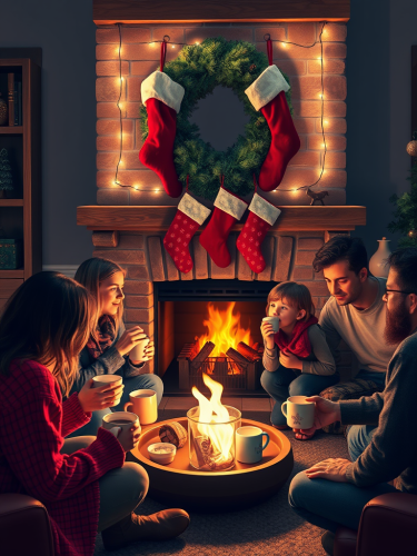 Family by Fireplace with Hot Cocoa