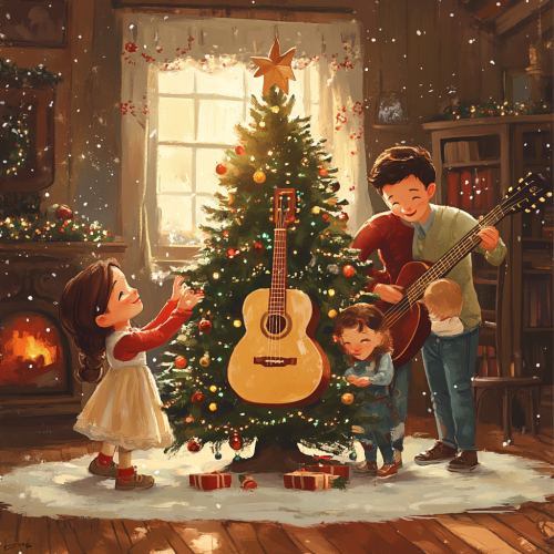Family celebrates Christmas with guitar by tree