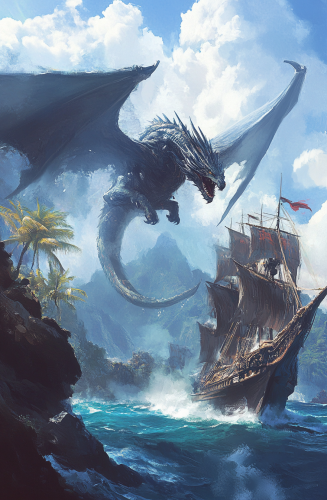 Fantasy artwork of dragon attacking pirate ship. Fantasy artwork of dragon attacking pirate ship.
