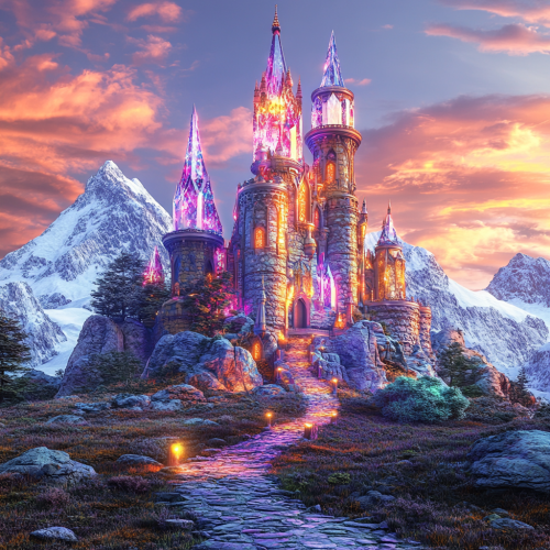 Fantasy castle in mountains with crystal towers
