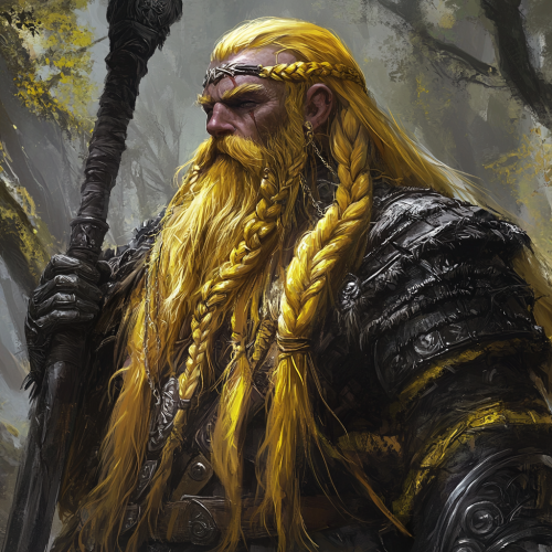 Fantasy dwarf warrior with yellow hair and braided beard.