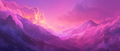 Fantasy mountain range with purple sunset glow