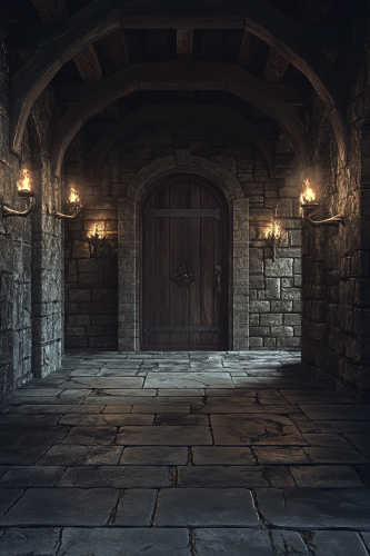 Fantasy room with torches, grey stones, wooden door.