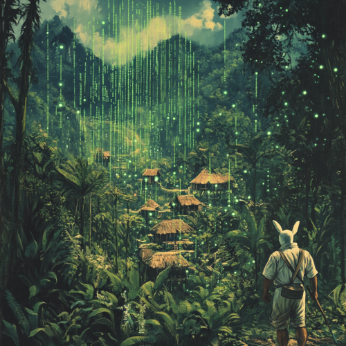 Farmer follows white rabbit through futuristic forest village.