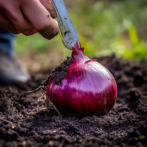 Farmer removes soil around big red onion with spoon. Farmer removes soil around big red onion with spoon.