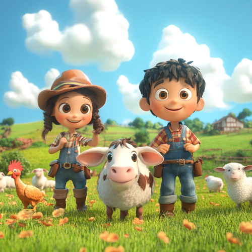 Farmers playing with farm animals under blue sky. Farmers playing with farm animals under blue sky.