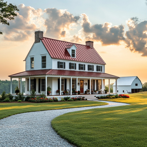 Farmhouse with red roof, white siding, green lawn.