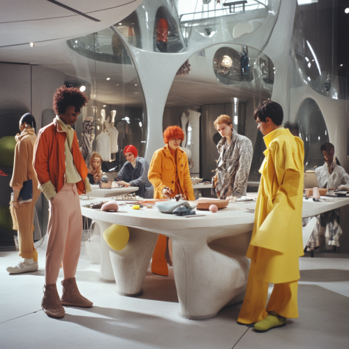 Fashion Designers Creating Futuristic Wool Coat in Modern Office