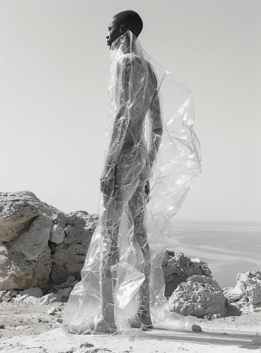 Fashion Model in Black Dress Wrapped in Plastic