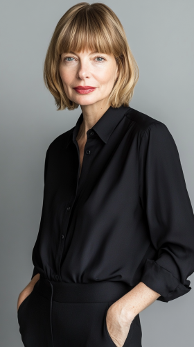 Fashion icon Anna Wintour posing in elegant black shirt.