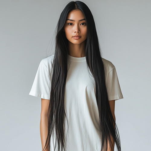 Fashion photo: black-haired model in white crewneck