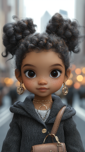 Fashionable baby girl confidently struts on city street