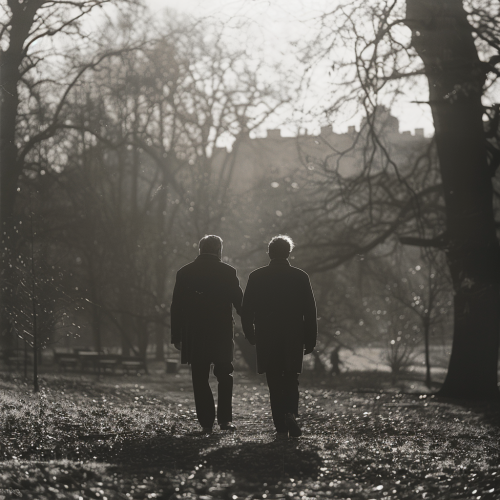 Father and Son Walking in Park, Morning Sunlight
