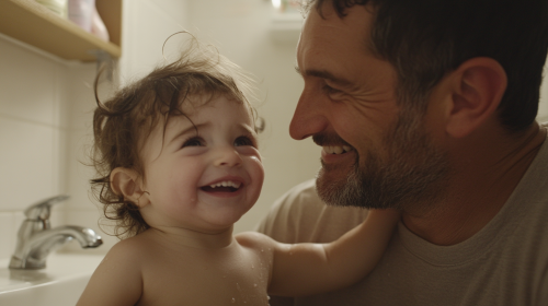 Father and daughter share tender bathroom moment