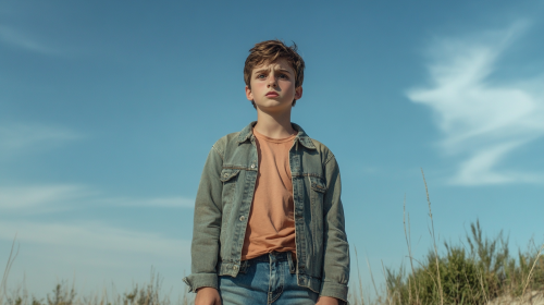 Fearful boy in denim stands straight, facing camera.