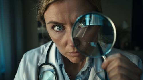 Female Doctor Examining Through Magnifying Glass