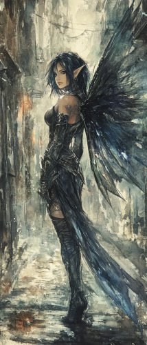 Female Fairy rogue in leather armor, translucent wings. City back alley, dark fantasy setting.