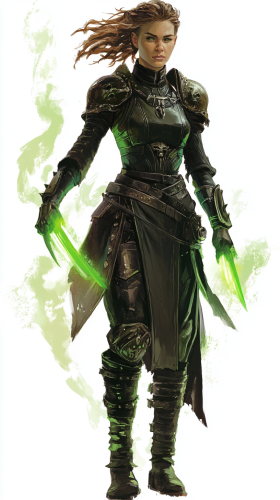 Female Fighter with Green Energy Blades in Studded Armor