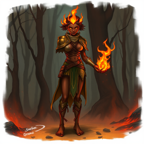 Female Fire Genasi in Medium Armor Holding Flame Female Fire Genasi in Medium Armor Holding Flame