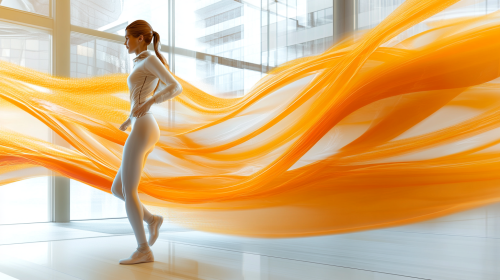 Female Office Worker Riding Futuristic Energy Wave