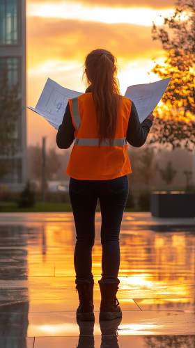 Female architect checking blueprints in front of building