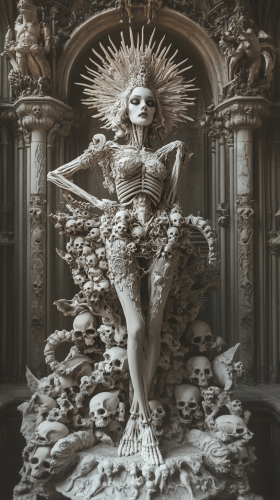 Female demon made of cat skulls in ivory cathedral.