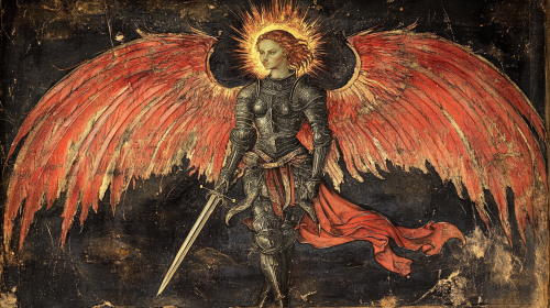 Female devil in dark armor with fire halo and sword.