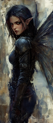 Female fairy rogue in dark leather armor with dagger.