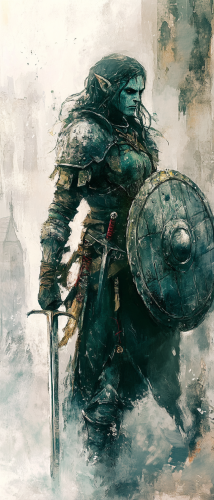 Female half-orc fighter, sword, shield, heavy armor, ethereal.