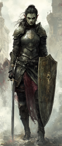 Female half orc fighter in heavy armor with sword